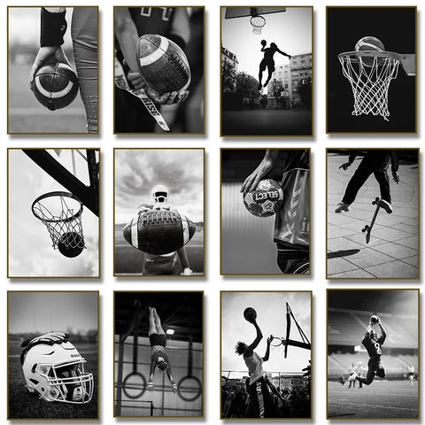 Black and White Baseball Football Soccer Art